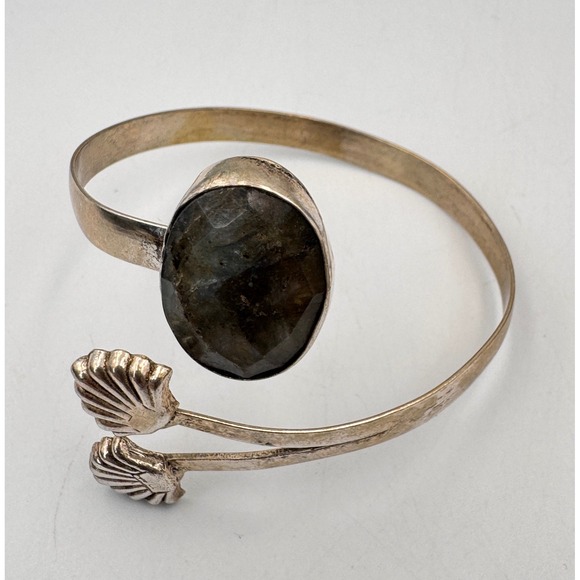 Silver Tone Faceted Labradorite Sea Shell Wrap Bangle Adjustable Boho Bracelet - Picture 6 of 12